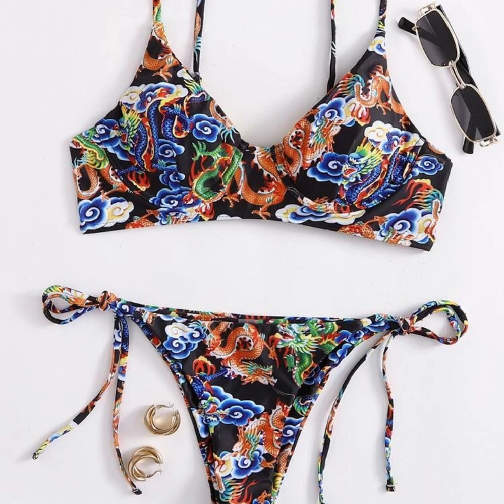 💥⭐Summer Dragon Graphic Push Up Tie Side Cheeky Set Best Look for Summer ⭐💥